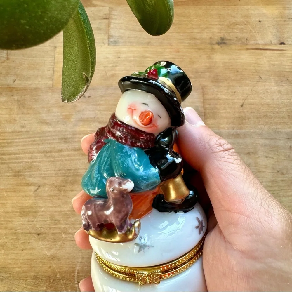Vintage Cermaic Glazed Snowman Jewelry Trinket Box